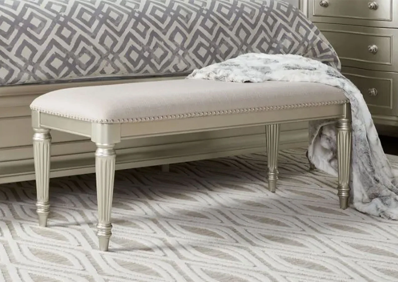 Upholstered Bench &mdash; Silver and Gold