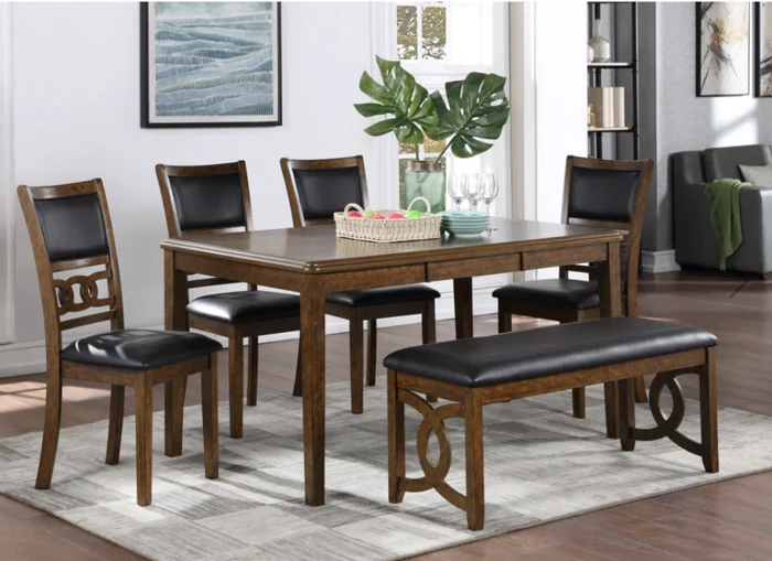 Mesa de Comedor Gia 60" con Sillas y Banca (Juego de 6) - Color Cafe