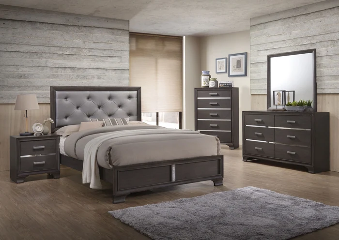 Dormitorio Full 7 piezas con Respaldo Tapizado Apanelado - Color Gris