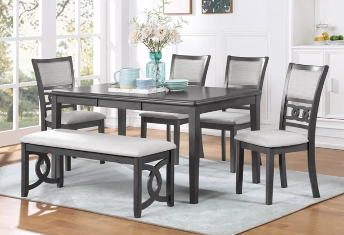 Mesa de Comedor Gia 60" con Sillas y Banca (Juego de 6) - Color Gris